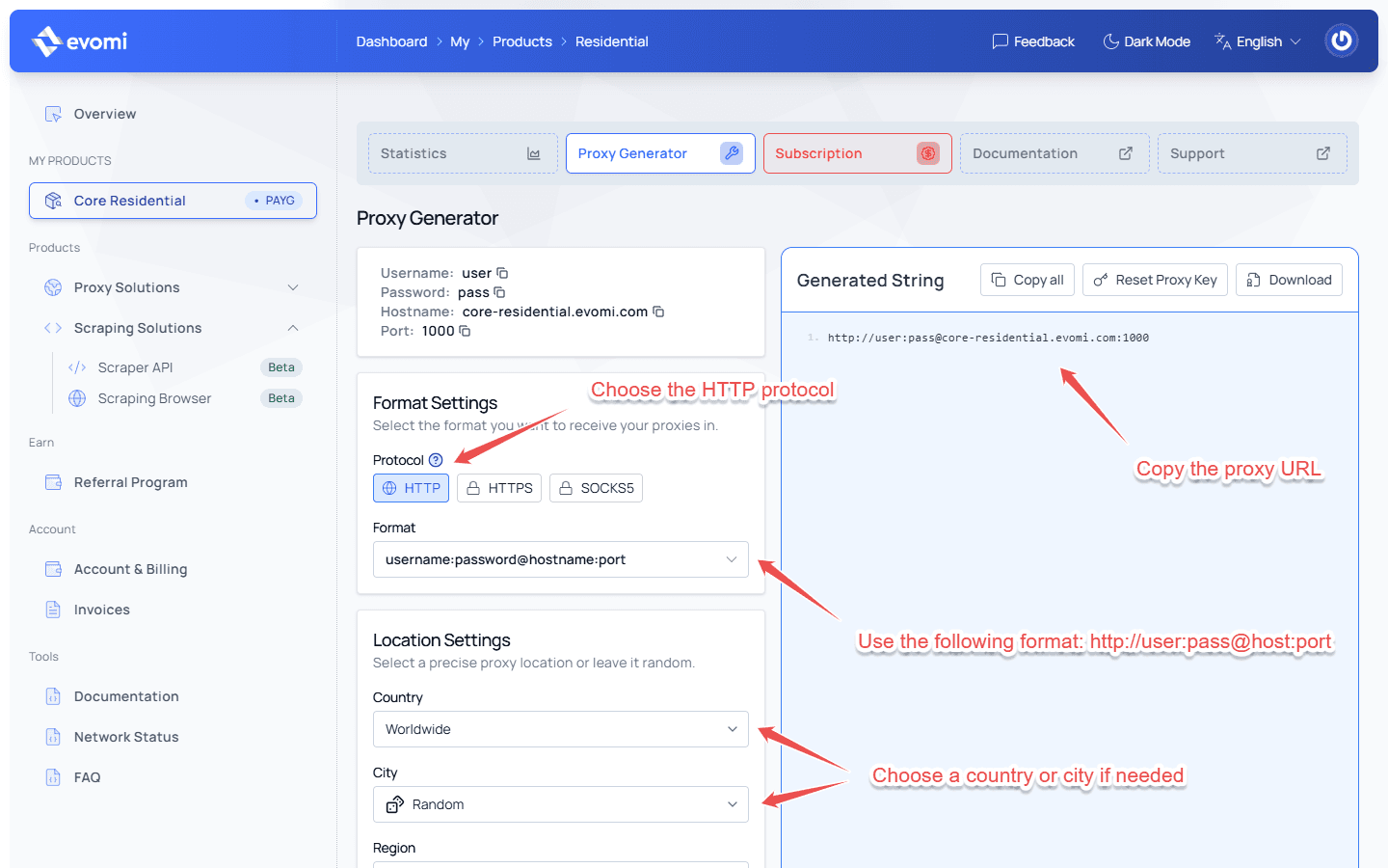 Evomi - Get the proxy URL