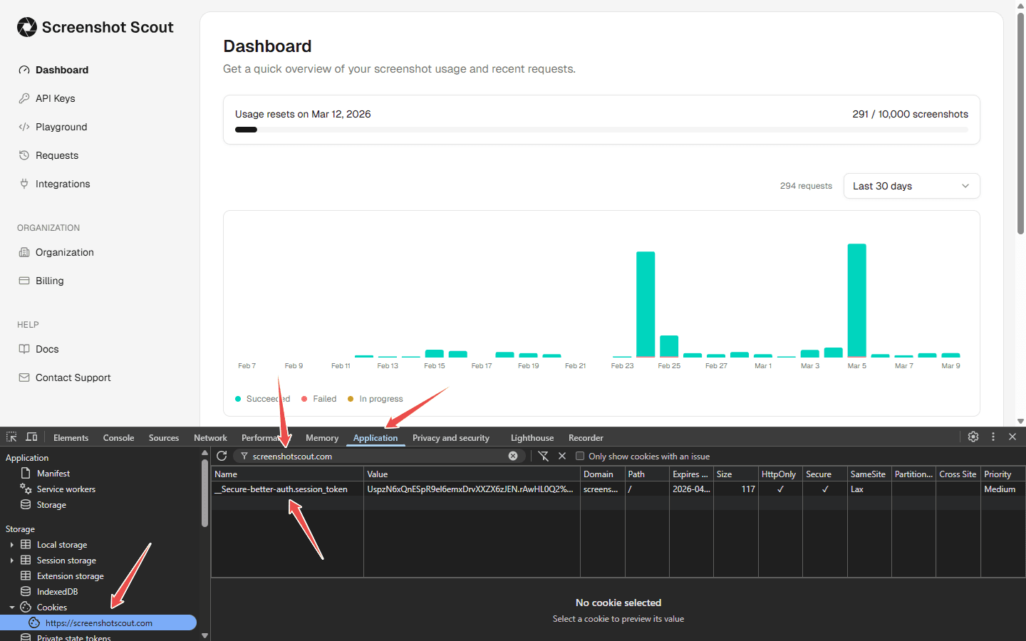 Screenshot Scout - DevTools cookies